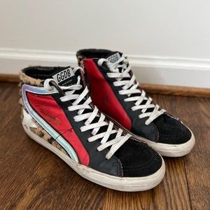 GOLDEN GOOSE SLIDES - Red Snow Leopard White Star